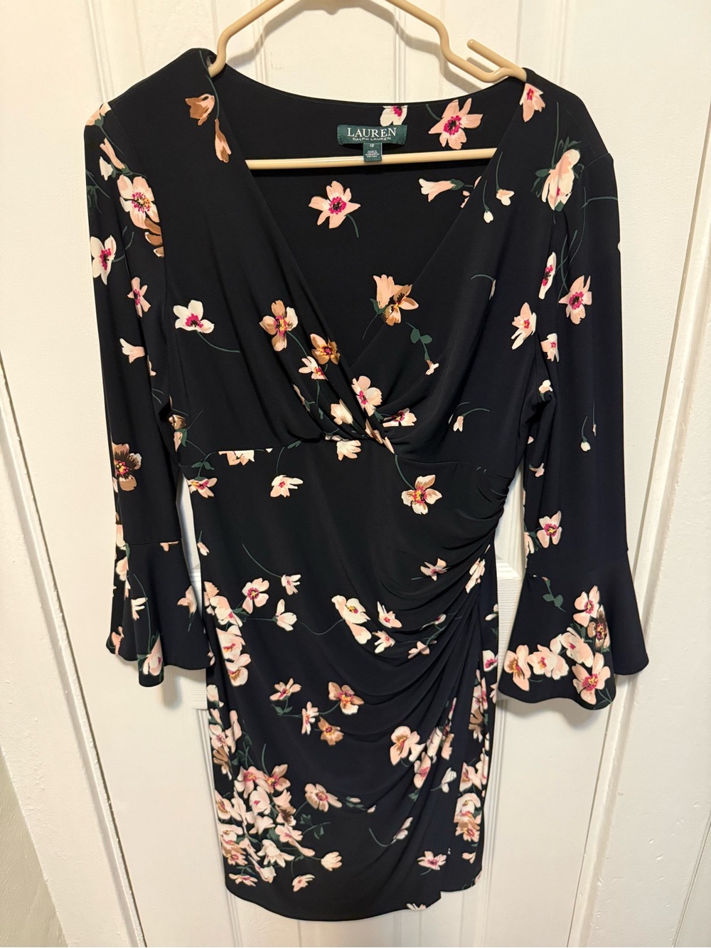 Size 12 Lauren Ralph Lauren Black Floral Ruched Faux Wrap Dress